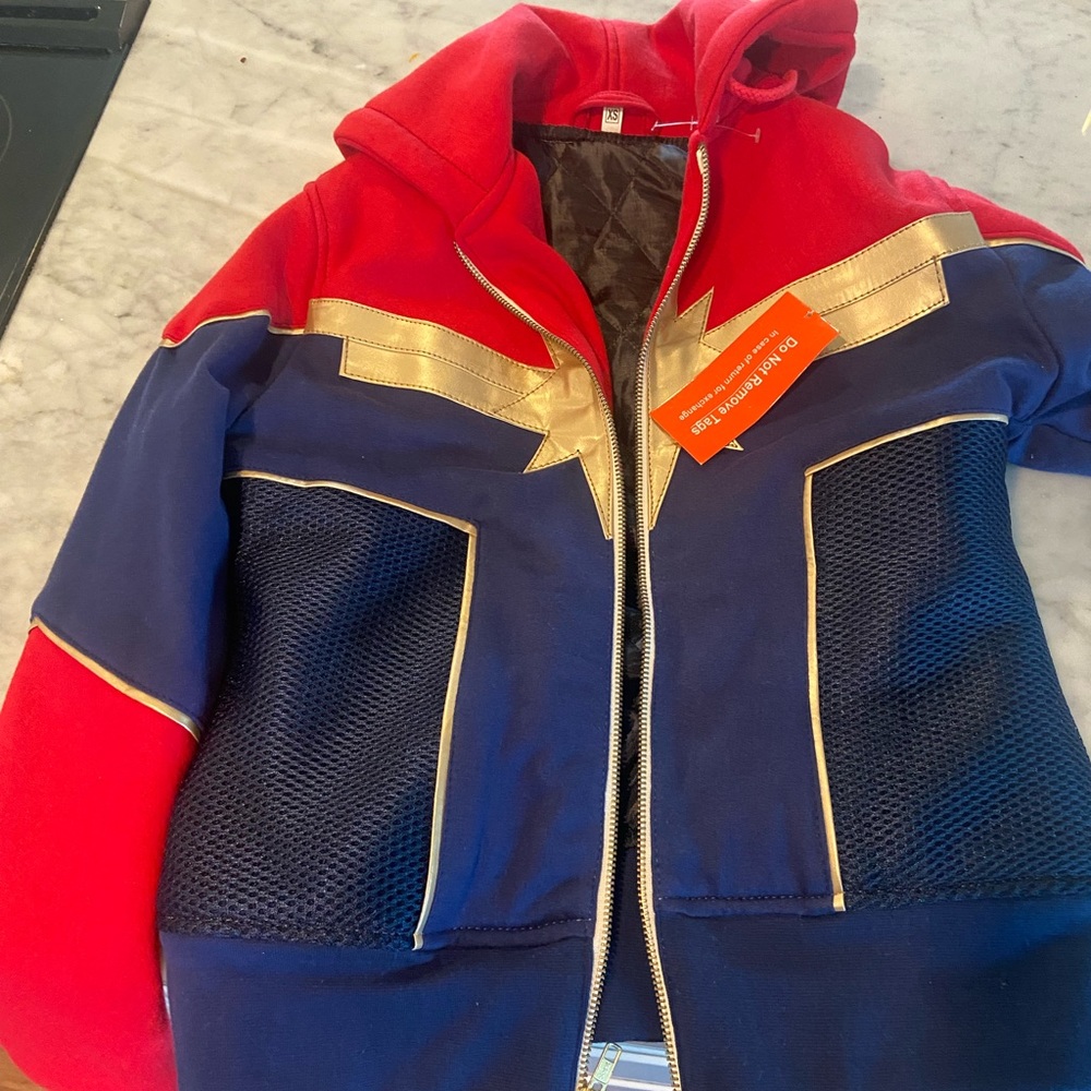 Wonder Woman jacket.  Red blue gold.  I have another in darker blue
